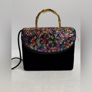 Unbranded Black Velvet Evening Bag with Multicolor Sequin Flap